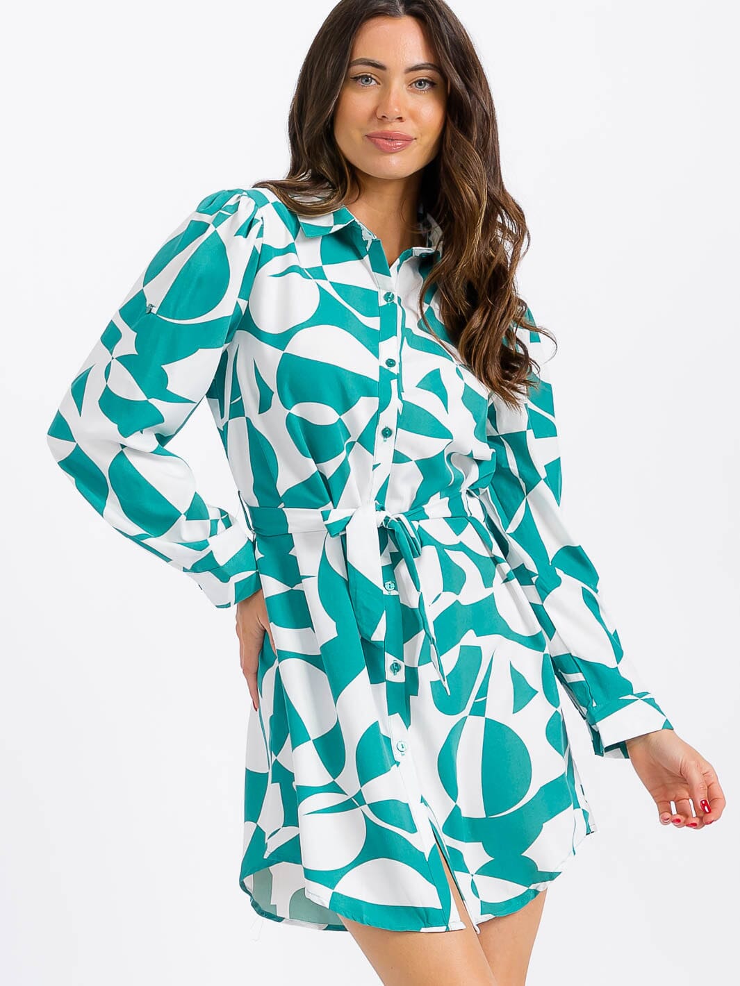 WOMEN'S LONG SLEEVE BUTTON UP SELF TIE PRINTED MINI DRESS