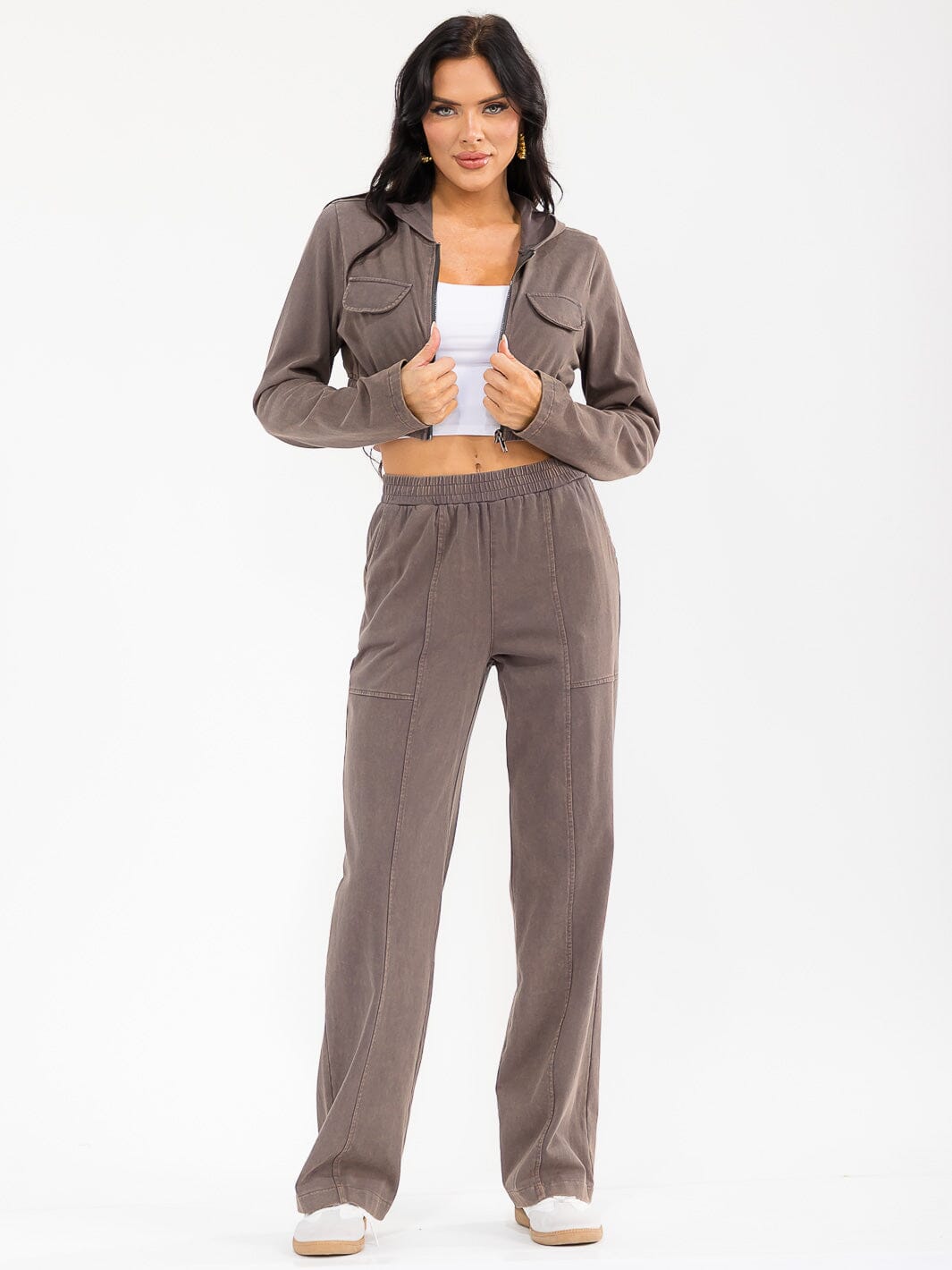 WOMEN'S HOODED CROP SWEATER & ELASTIC WAIST PANTS WASHED 2PC. SET