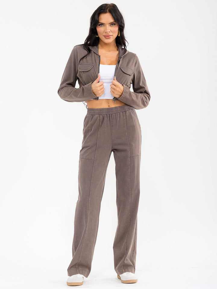 WOMEN'S HOODED CROP SWEATER & ELASTIC WAIST PANTS WASHED 2PC. SET