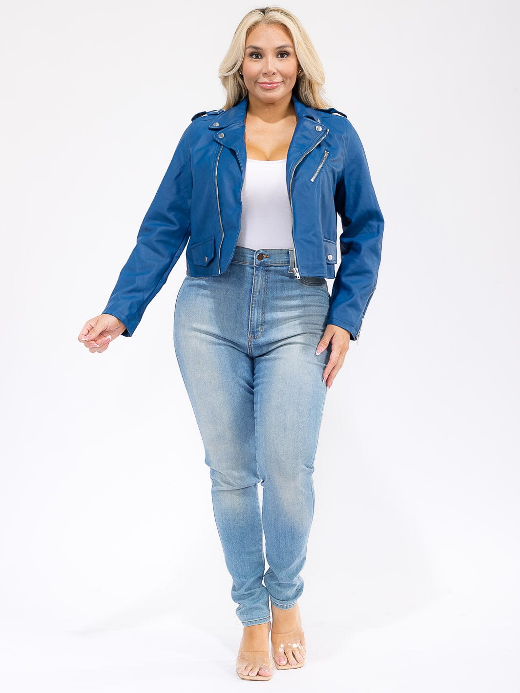 PLUS SIZE LONG SLEEVE ZIPPER CLOSURE FRONT POCKETS PU PLEATHER JACKET