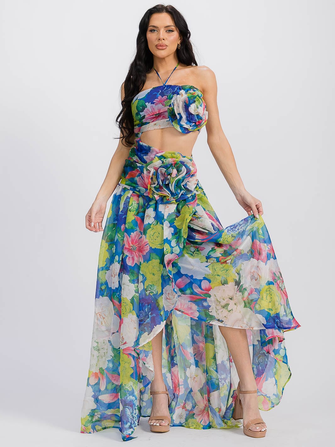WOMEN'S SLEEVELESS HALTER NECK CUT OUT FLORAL MAXI DRESS