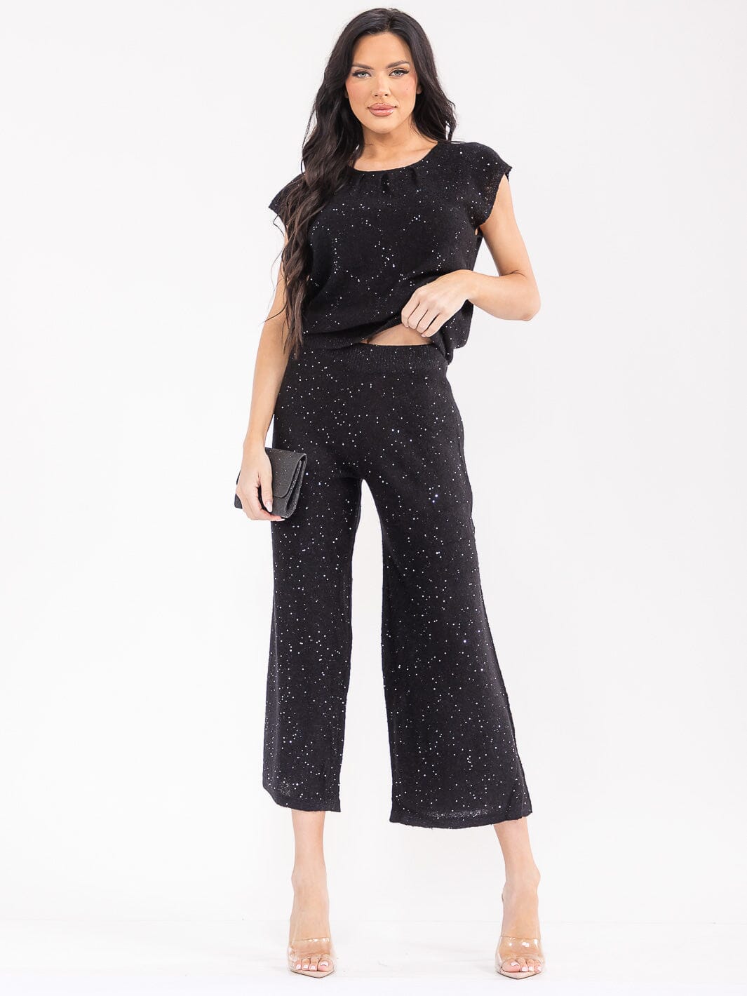 WOMEN'S SHORT SLEEVE TOP & ELASTIC WAIST PANTS SEQUINS DETAILED 2PC. SET