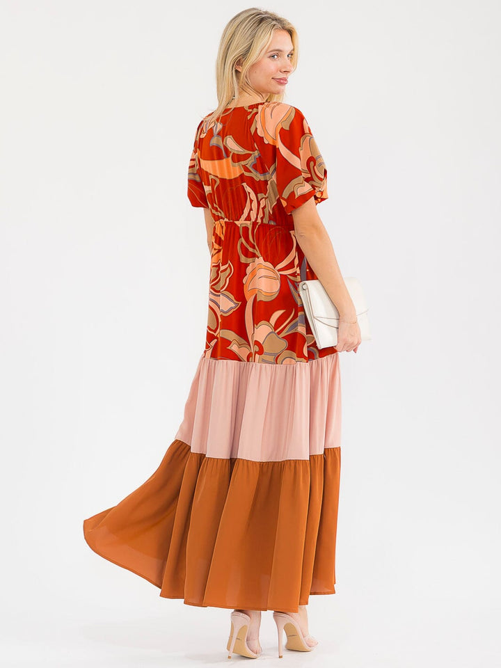 WOMEN'S SHORT PUFF SLEEVES V-NECK ELASTIC WAIST COLORBLOCK MAXI DRESS