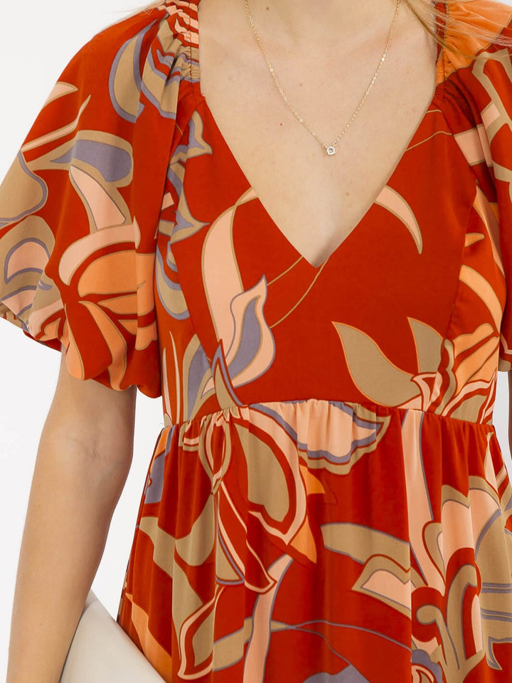 WOMEN'S SHORT PUFF SLEEVES V-NECK ELASTIC WAIST COLORBLOCK MAXI DRESS