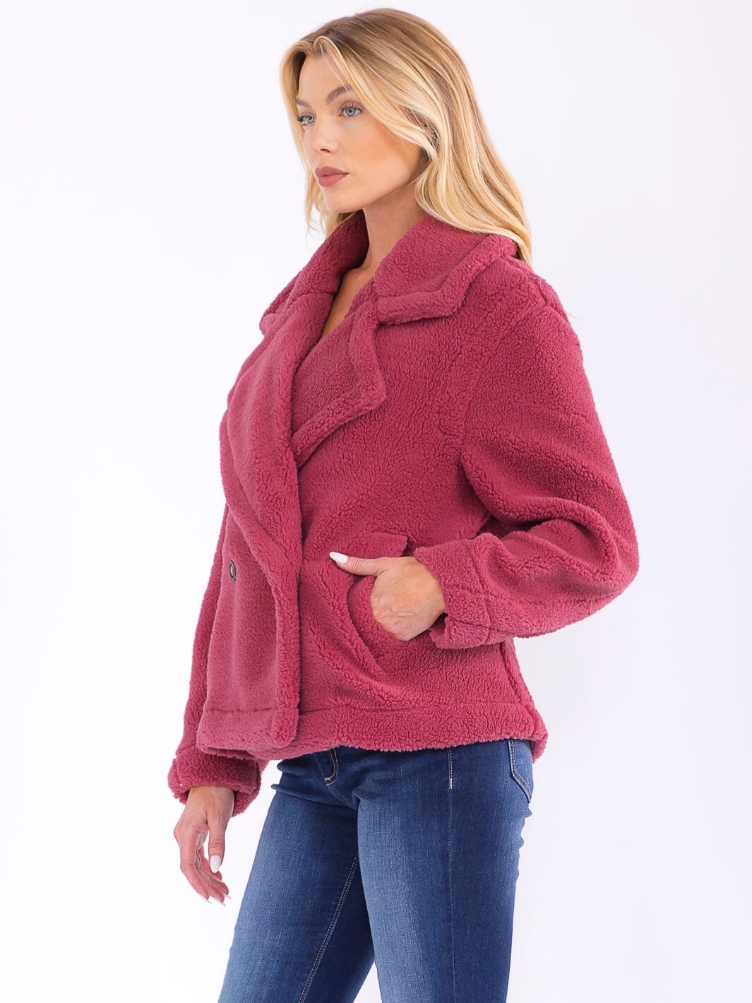 WOMEN'S LONG SLEEVE BUTTON CLOSURE FRONT POCKETS SHERPA JACKET
