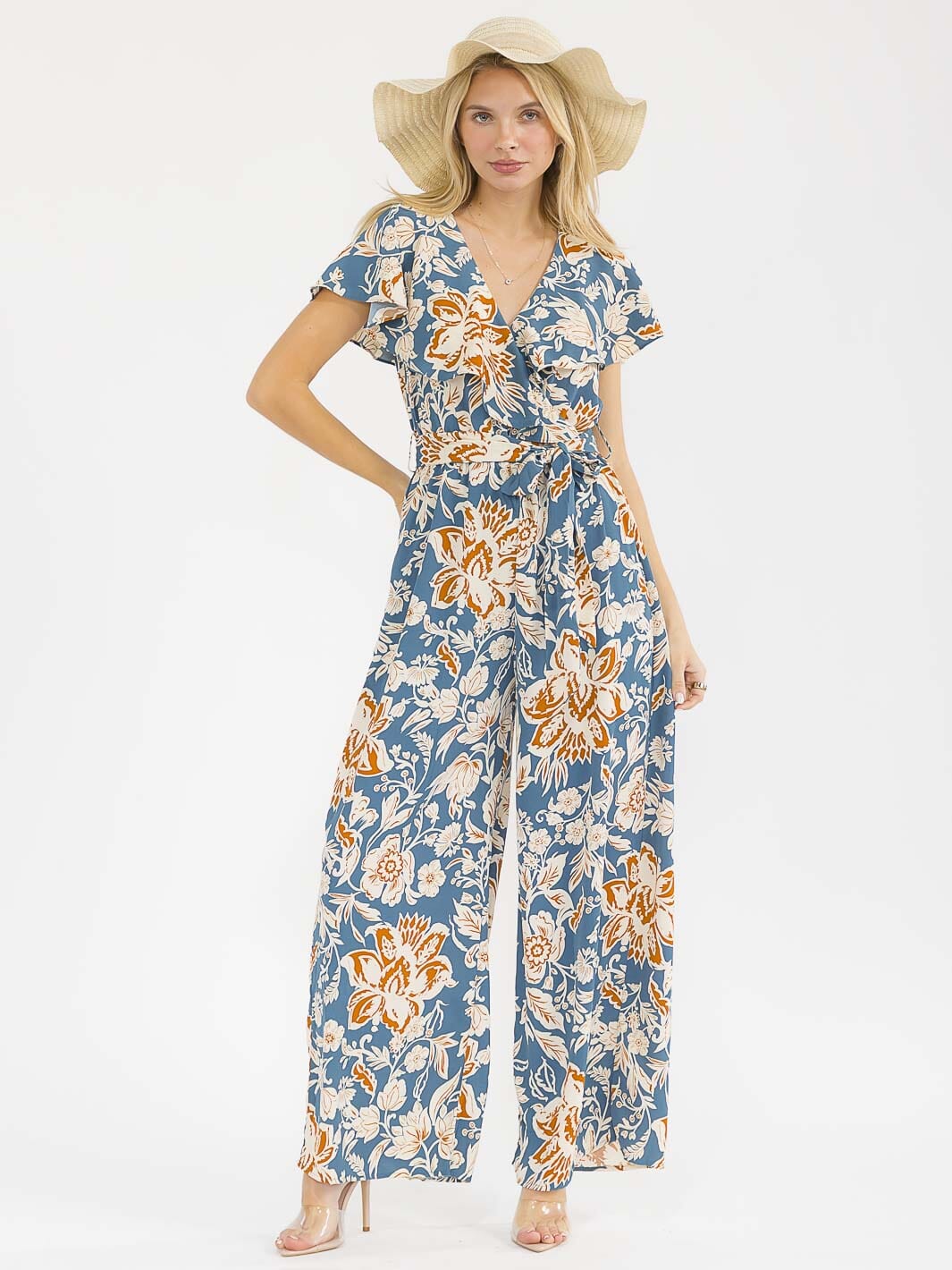WOMEN'S SHORT SLEEVES SURPLICE ELASTIC WAIST WIDE LEG FLORAL JUMPSUIT