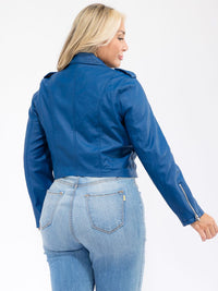 PLUS SIZE LONG SLEEVE ZIPPER CLOSURE FRONT POCKETS PU PLEATHER JACKET