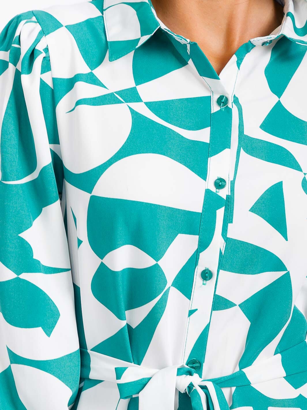 WOMEN'S LONG SLEEVE BUTTON UP SELF TIE PRINTED MINI DRESS