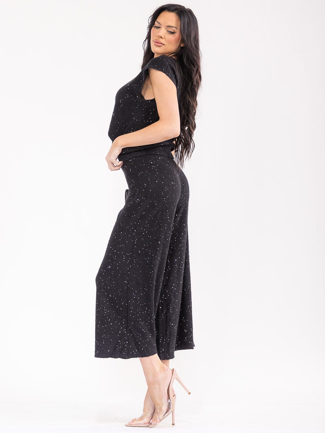 WOMEN'S ELASTIC WAIST WIDE LEG SEQUINS DETAILED PANTS