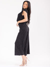 WOMEN'S ELASTIC WAIST WIDE LEG SEQUINS DETAILED PANTS