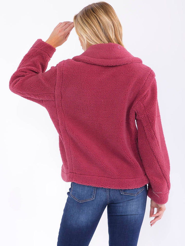 WOMEN'S LONG SLEEVE BUTTON CLOSURE FRONT POCKETS SHERPA JACKET