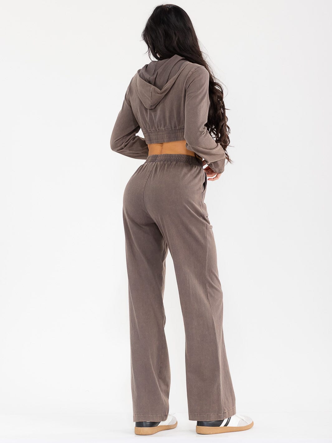 WOMEN'S HOODED CROP SWEATER & ELASTIC WAIST PANTS WASHED 2PC. SET