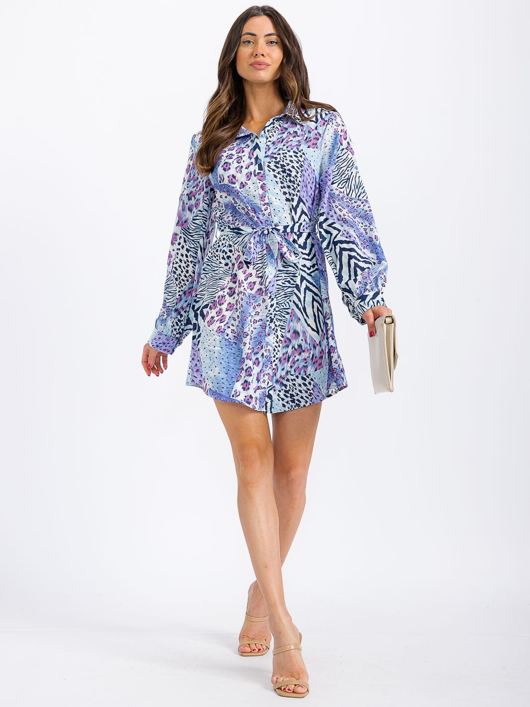 WOMEN'S LONG SLEEVE BUTTON UP SELF TIE ANIMAL PRINT MINI DRESS