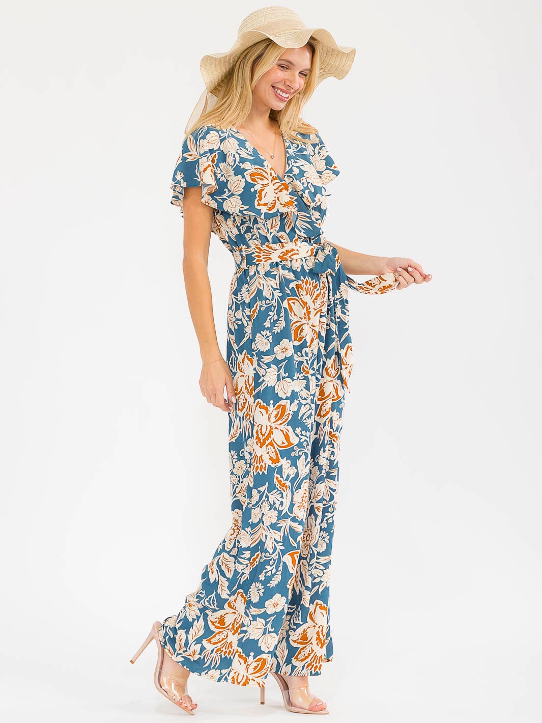 WOMEN'S SHORT SLEEVES SURPLICE ELASTIC WAIST WIDE LEG FLORAL JUMPSUIT