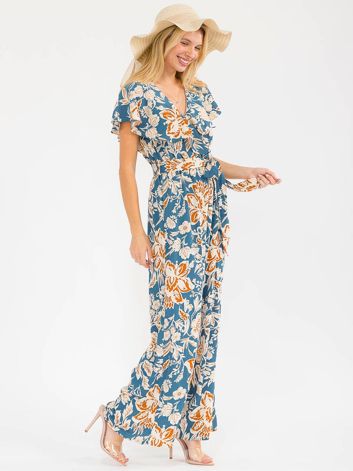 WOMEN'S SHORT SLEEVES SURPLICE ELASTIC WAIST WIDE LEG FLORAL JUMPSUIT