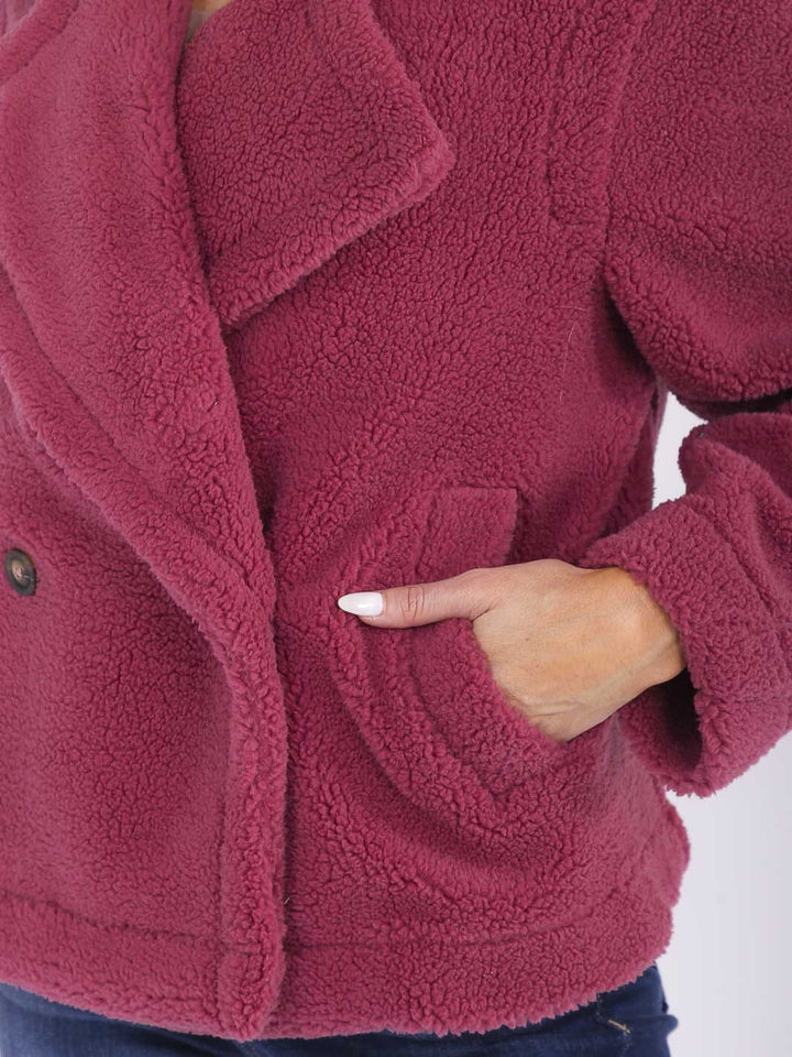 WOMEN'S LONG SLEEVE BUTTON CLOSURE FRONT POCKETS SHERPA JACKET