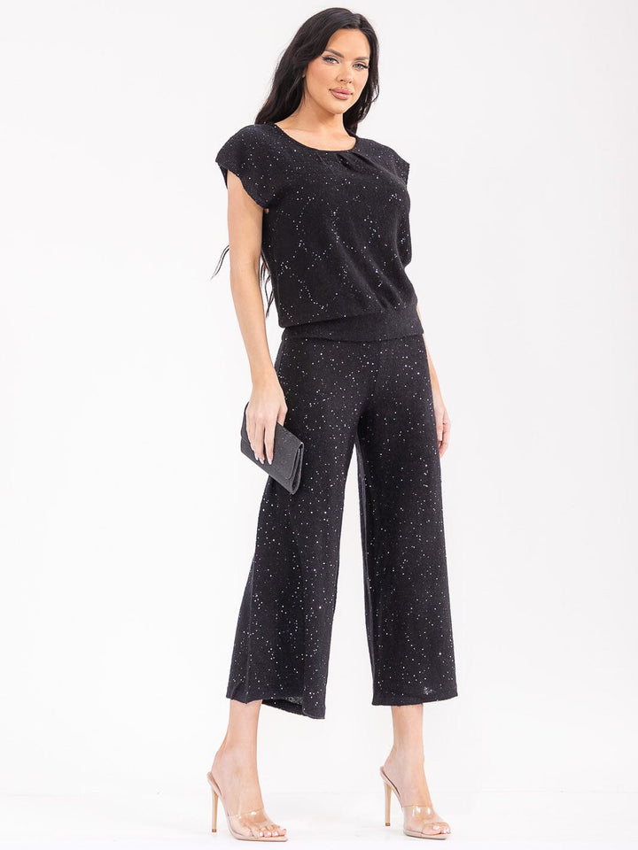 WOMEN'S SHORT SLEEVE TOP & ELASTIC WAIST PANTS SEQUINS DETAILED 2PC. SET