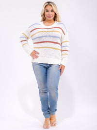 PLUS SIZE LONG SLEEVE COLORBLOCK STRIPES KNIT PULLOVER SWEATER