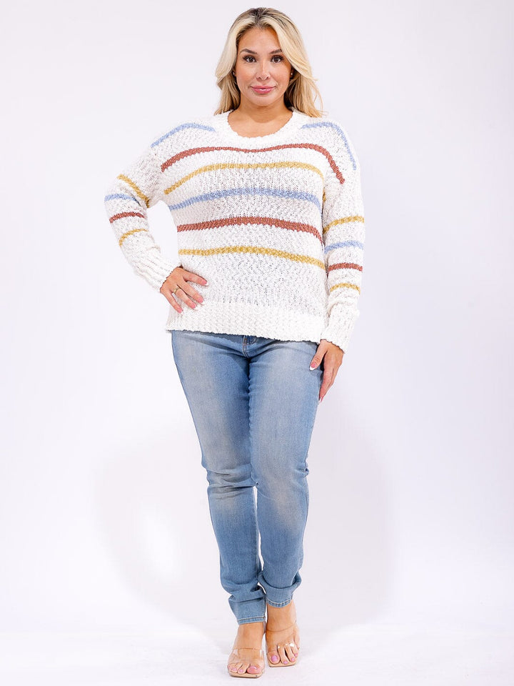 PLUS SIZE LONG SLEEVE COLORBLOCK STRIPES KNIT PULLOVER SWEATER