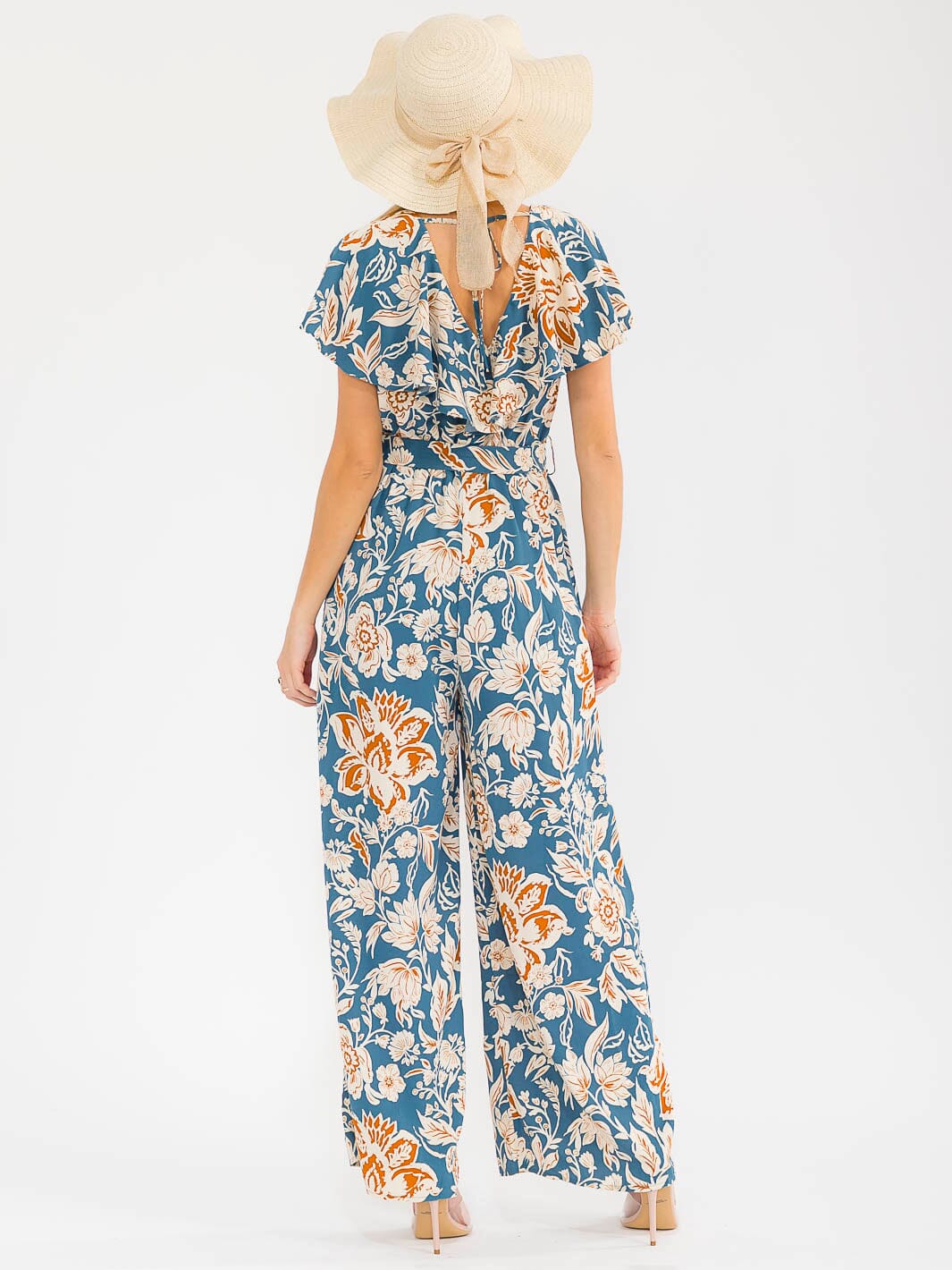 WOMEN'S SHORT SLEEVES SURPLICE ELASTIC WAIST WIDE LEG FLORAL JUMPSUIT