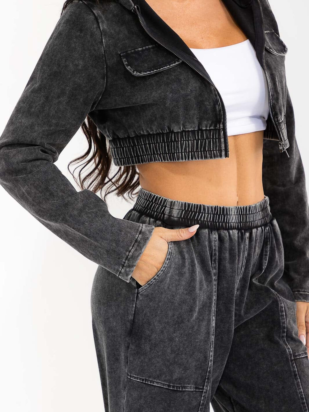 WOMEN'S HOODED CROP SWEATER & ELASTIC WAIST PANTS WASHED 2PC. SET