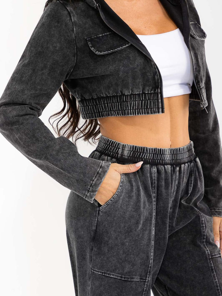 WOMEN'S HOODED CROP SWEATER & ELASTIC WAIST PANTS WASHED 2PC. SET