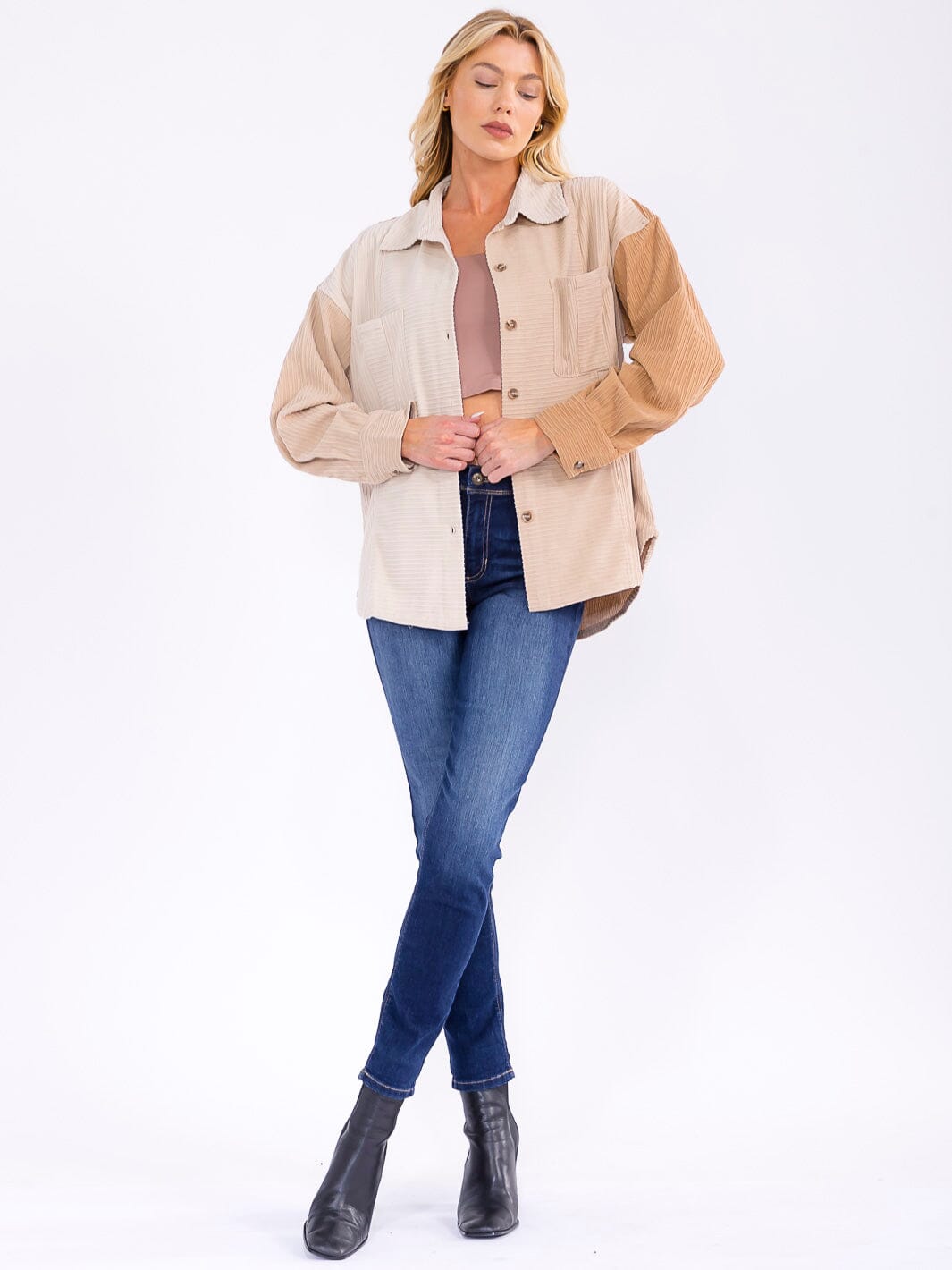 WOMEN'S LONG SLEEVE BUTTON CLOSURE POCKET COLORBLOCK CORDUROY SHACKET