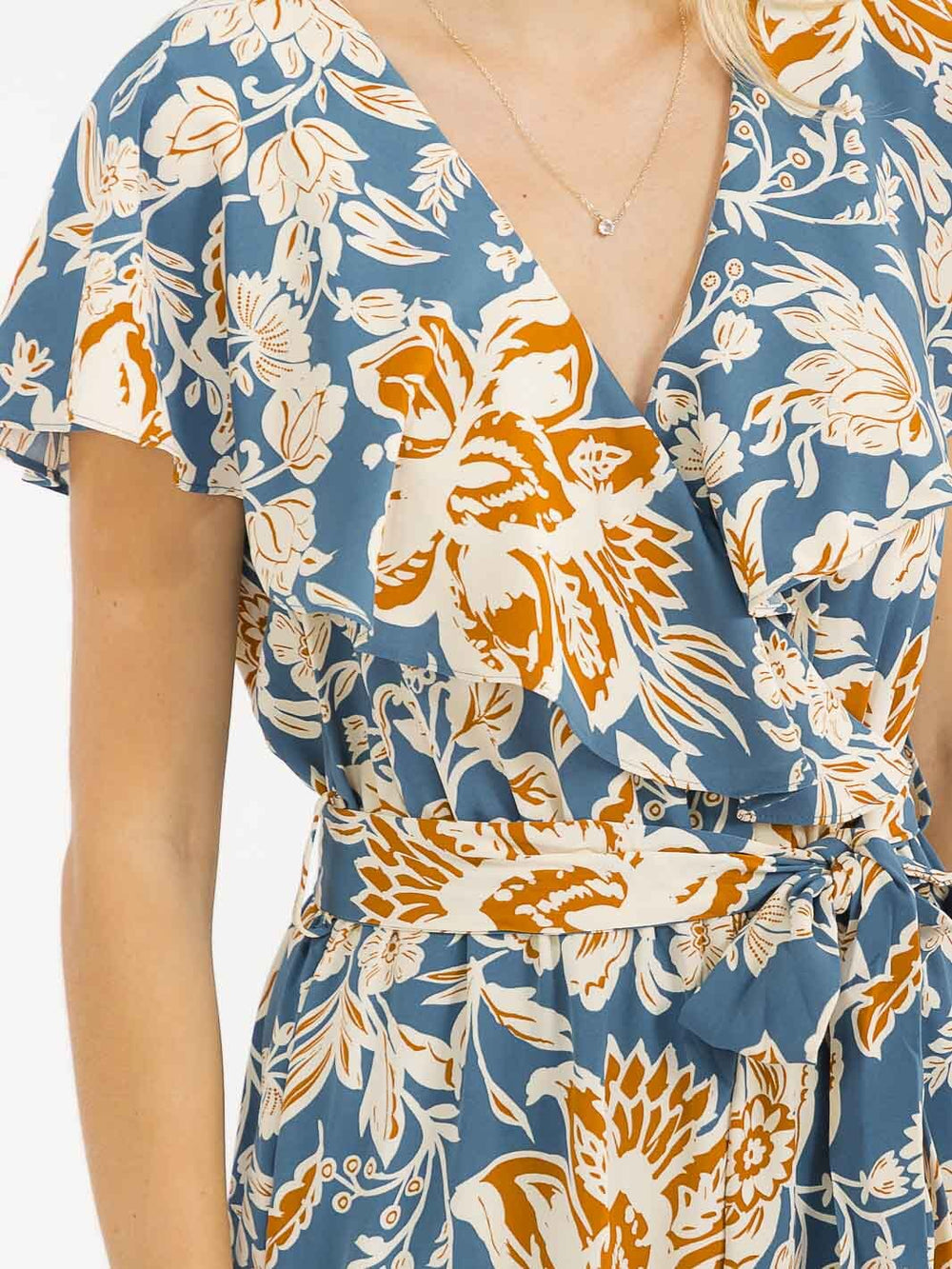 WOMEN'S SHORT SLEEVES SURPLICE ELASTIC WAIST WIDE LEG FLORAL JUMPSUIT