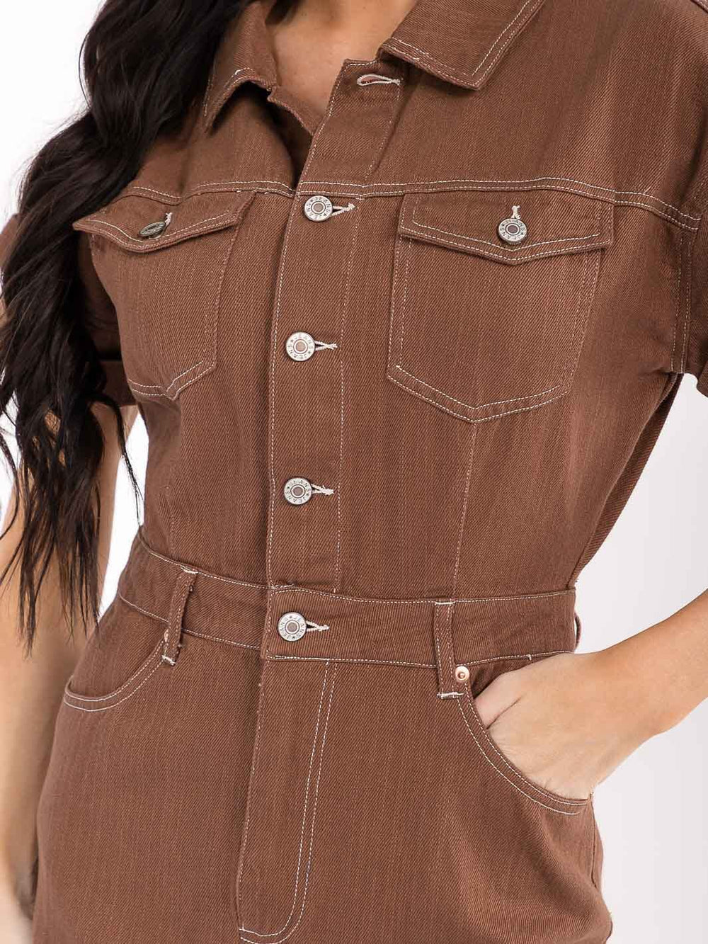 WOMEN'S SHORT SLEEVE BUTTON CLOSURE POCKETS DENIM MINI DRESS