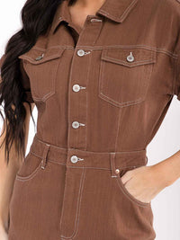 WOMEN'S SHORT SLEEVE BUTTON CLOSURE POCKETS DENIM MINI DRESS