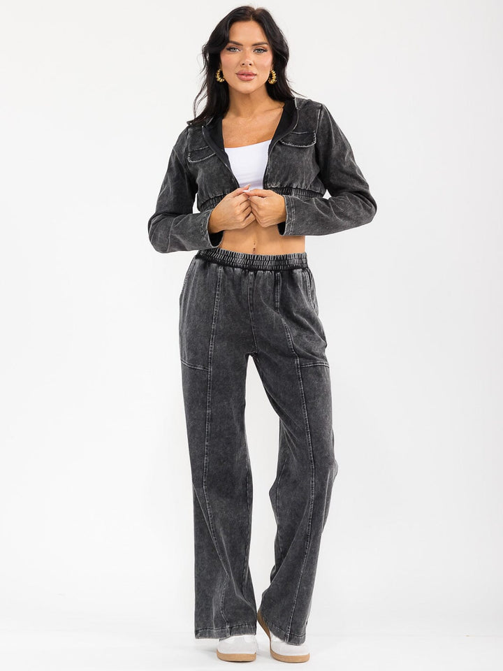 WOMEN'S HOODED CROP SWEATER & ELASTIC WAIST PANTS WASHED 2PC. SET