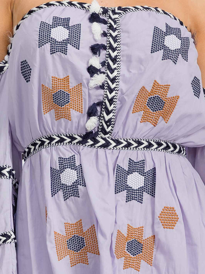 WOMEN'S COLD SHOULDER LONG SLEEVE EMBROIDERY DETAILED MINI DRESS