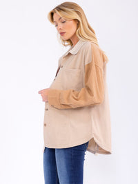 WOMEN'S LONG SLEEVE BUTTON CLOSURE POCKET COLORBLOCK CORDUROY SHACKET
