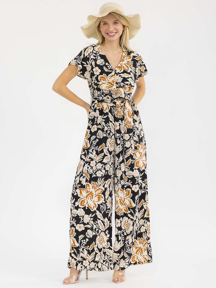 WOMEN'S SHORT SLEEVES SURPLICE ELASTIC WAIST WIDE LEG FLORAL JUMPSUIT