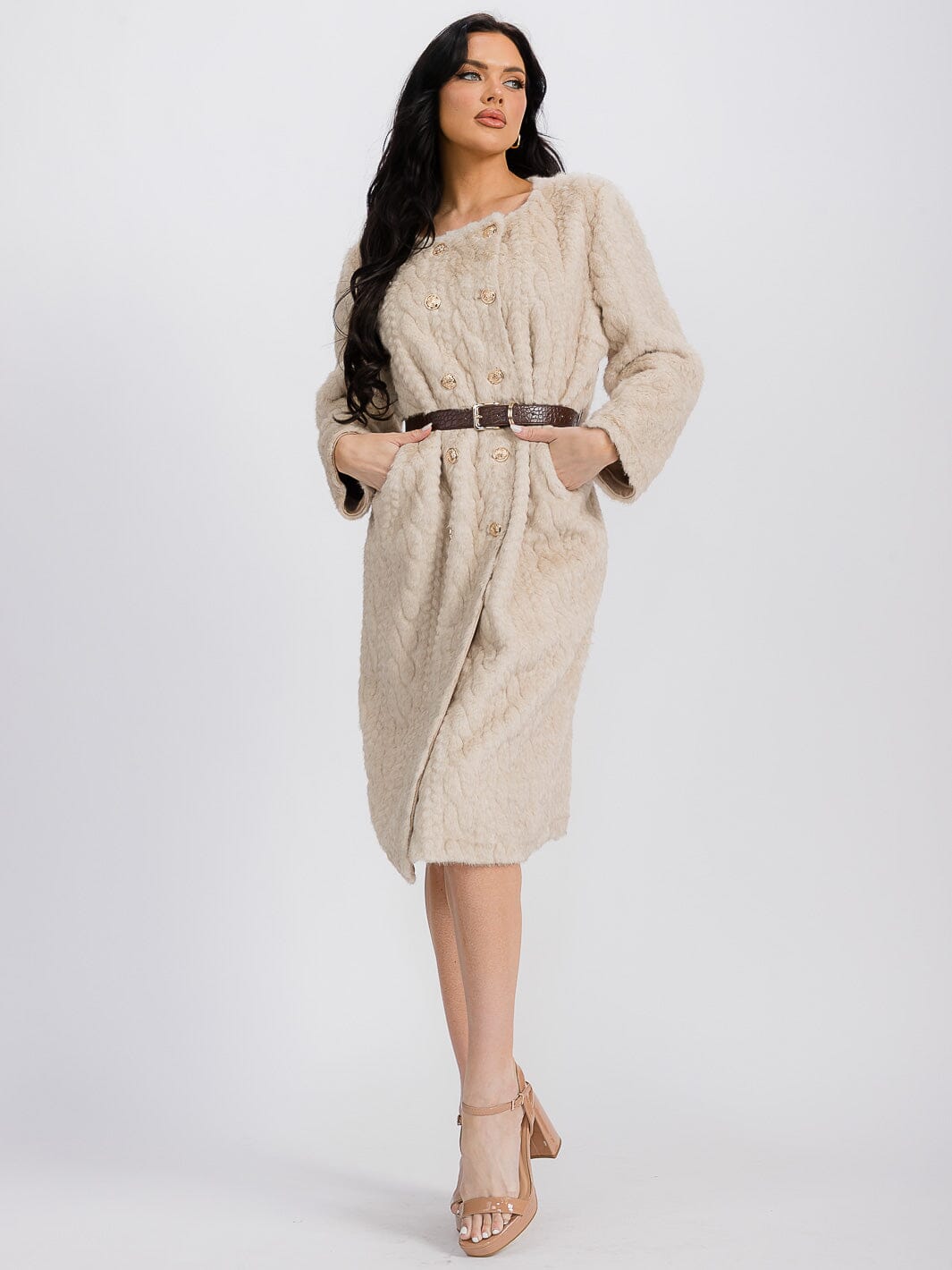 WOMEN'S LONG SLEEVE BUTTON CLOSURE BELTED CAVLE KNIT FUZZY MIDI DRESS