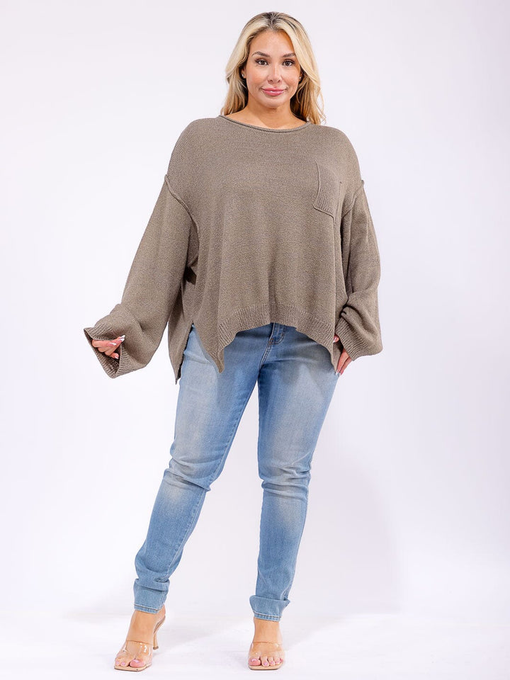 PLUS SIZE LONG SLEEVE FRONT POCKET KNIT PULLOVER SWEATER