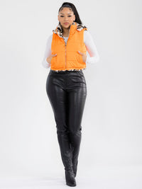 WOMEN'S ZIPPER CLOSURE FRONT POCKETS REMOVABLE HOODIE SHERPA ANIMAL PRINT REVERSIBLE VEST