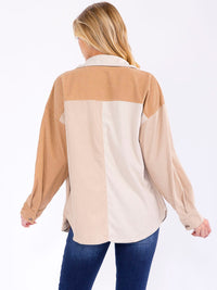 WOMEN'S LONG SLEEVE BUTTON CLOSURE POCKET COLORBLOCK CORDUROY SHACKET