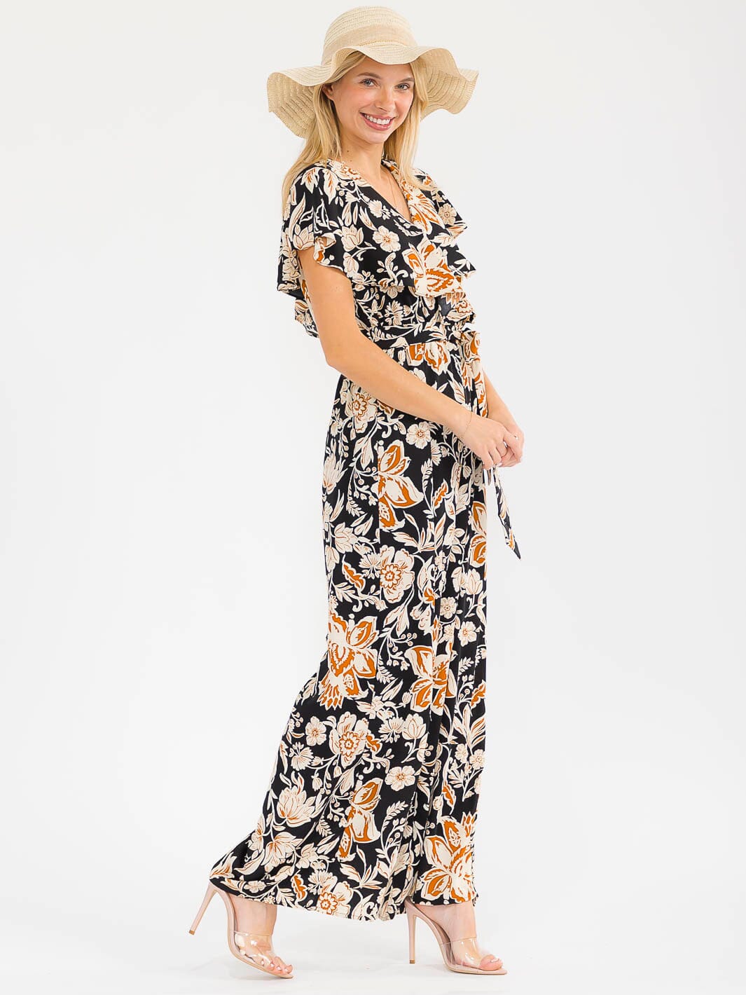 WOMEN'S SHORT SLEEVES SURPLICE ELASTIC WAIST WIDE LEG FLORAL JUMPSUIT