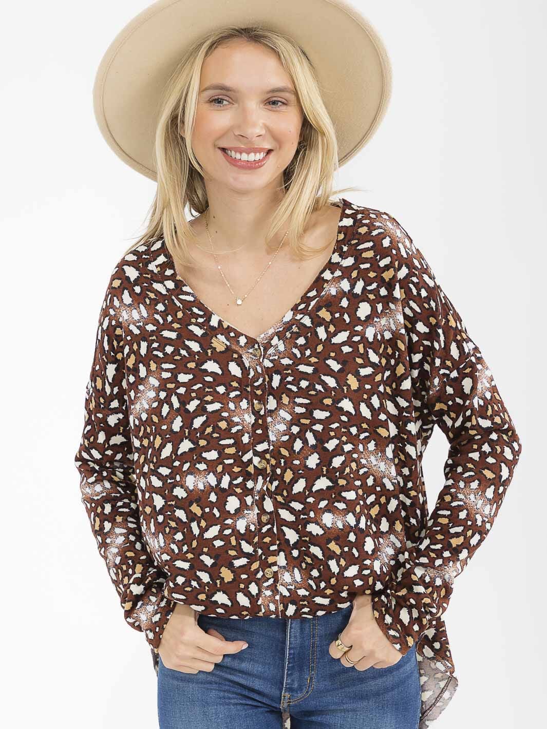 WOMEN'S LONG SLEEVE V-NECK BUTTON UP ANIMAL PRINT TUNIC TOP
