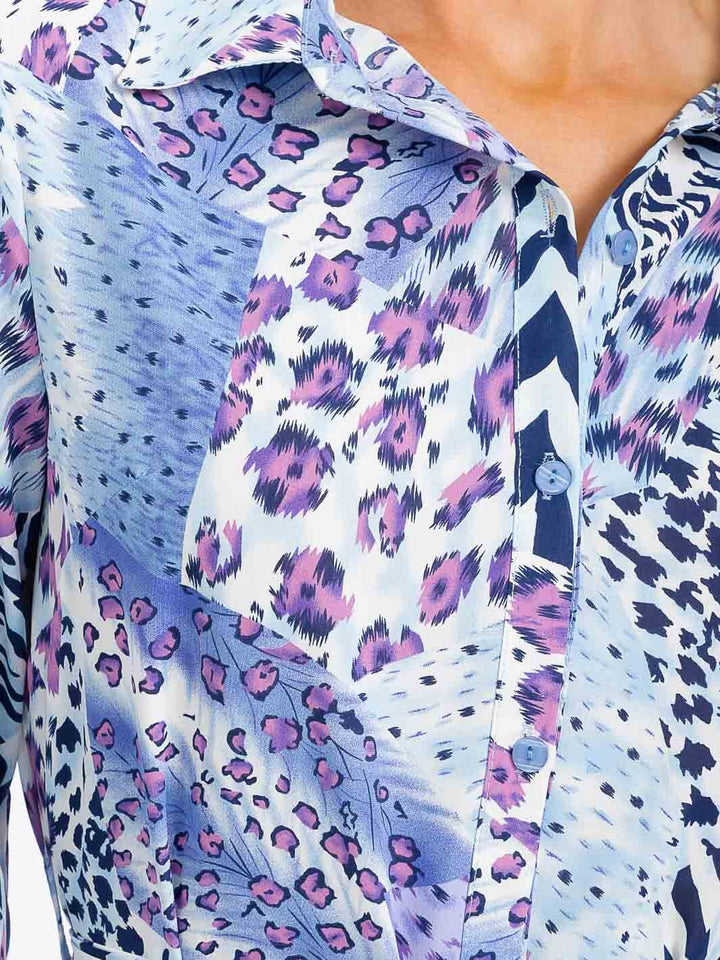 WOMEN'S LONG SLEEVE BUTTON UP SELF TIE ANIMAL PRINT MINI DRESS