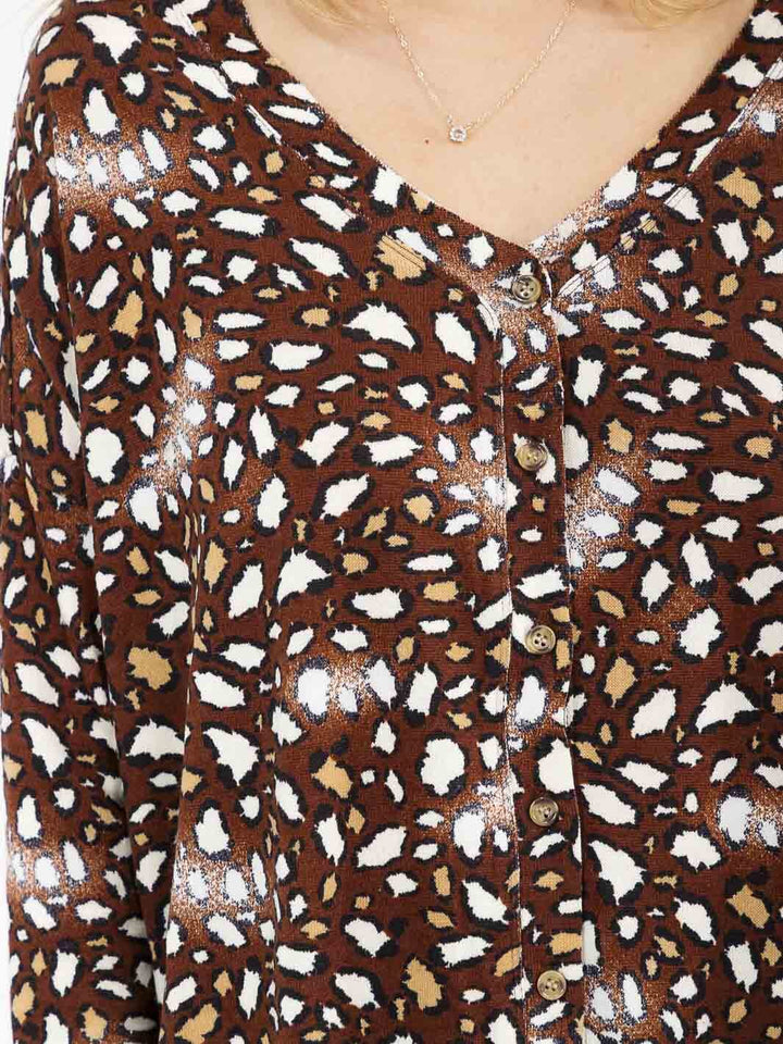 WOMEN'S LONG SLEEVE V-NECK BUTTON UP ANIMAL PRINT TUNIC TOP