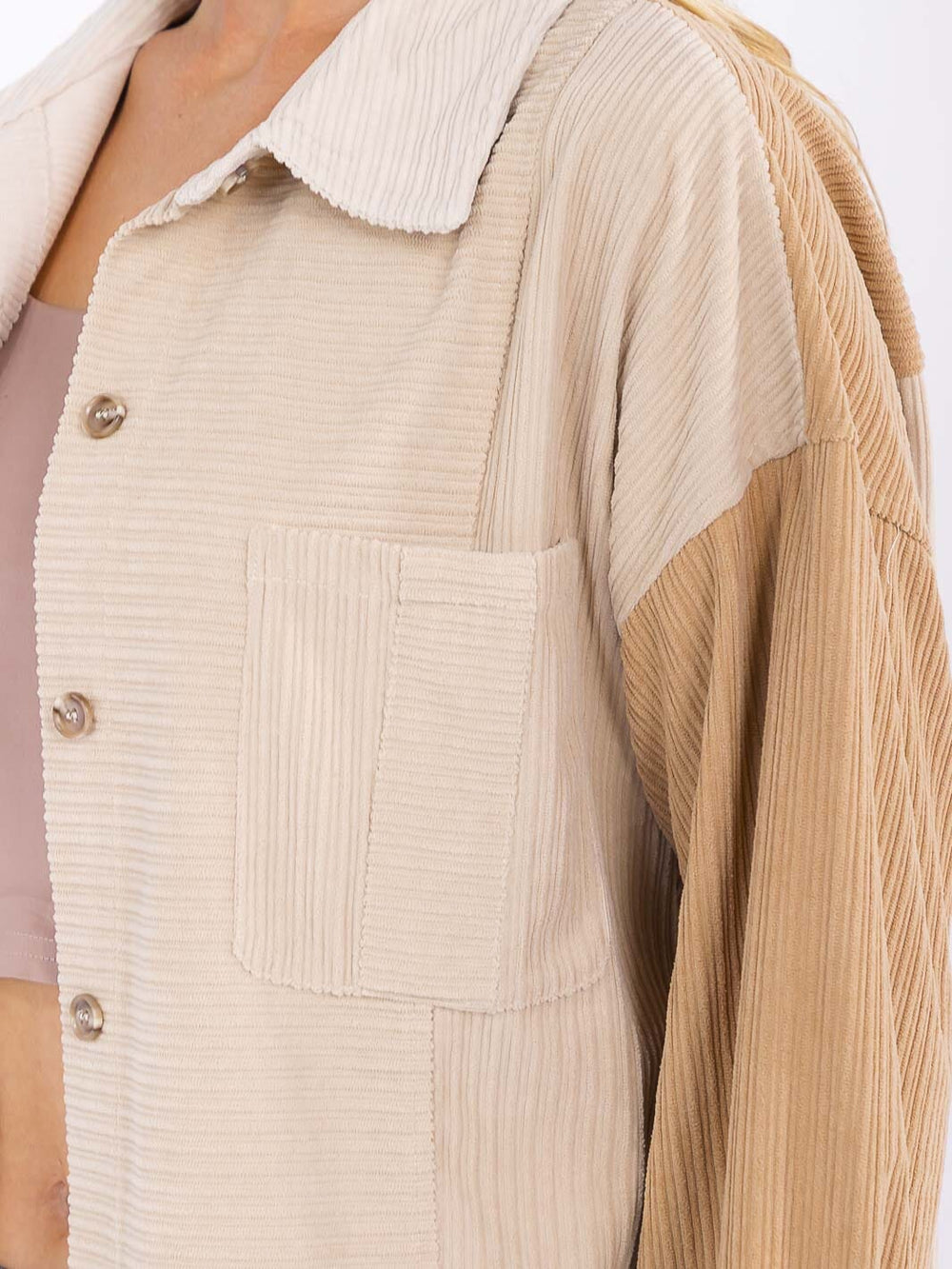 WOMEN'S LONG SLEEVE BUTTON CLOSURE POCKET COLORBLOCK CORDUROY SHACKET