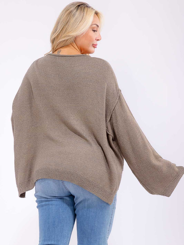 PLUS SIZE LONG SLEEVE FRONT POCKET KNIT PULLOVER SWEATER