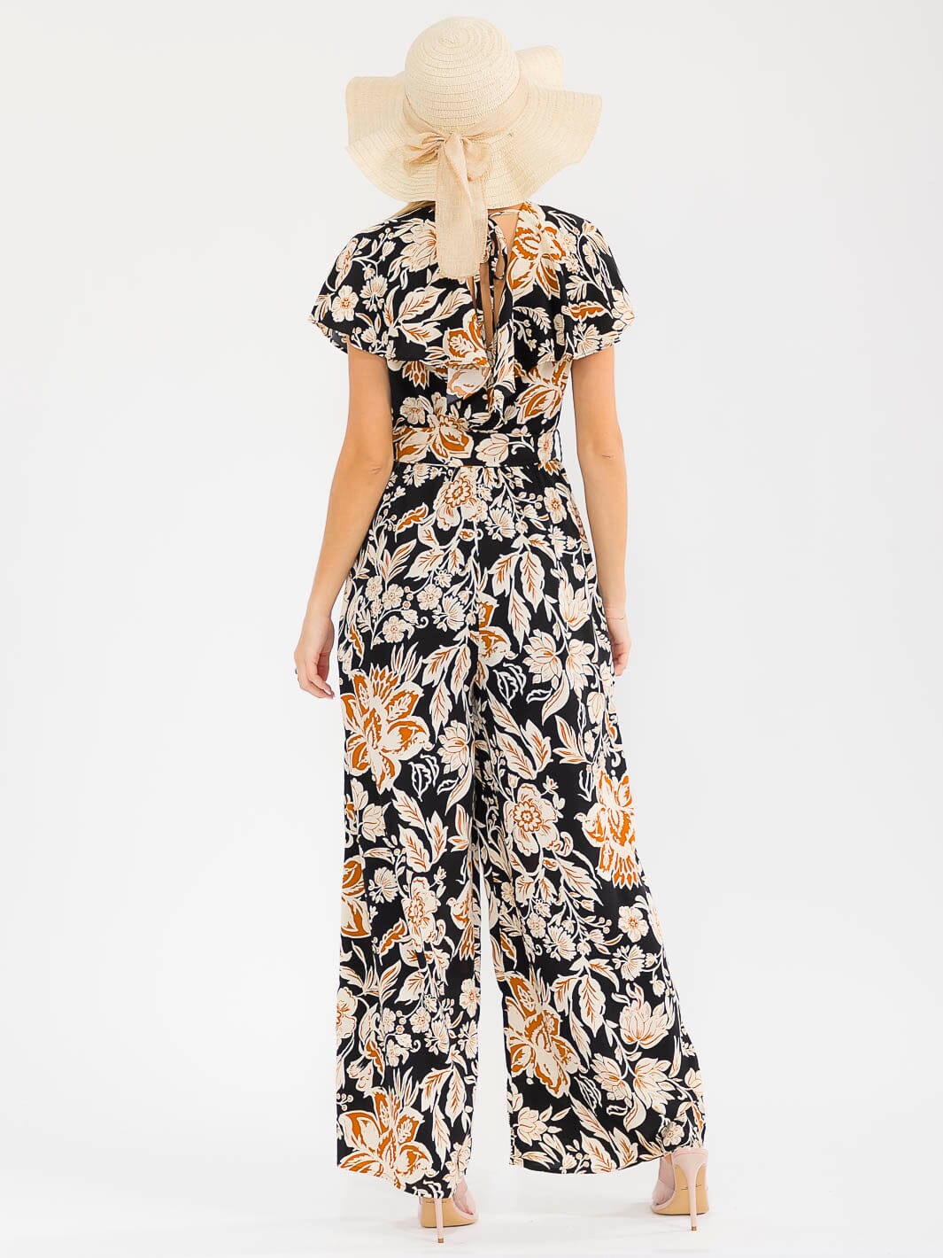 WOMEN'S SHORT SLEEVES SURPLICE ELASTIC WAIST WIDE LEG FLORAL JUMPSUIT