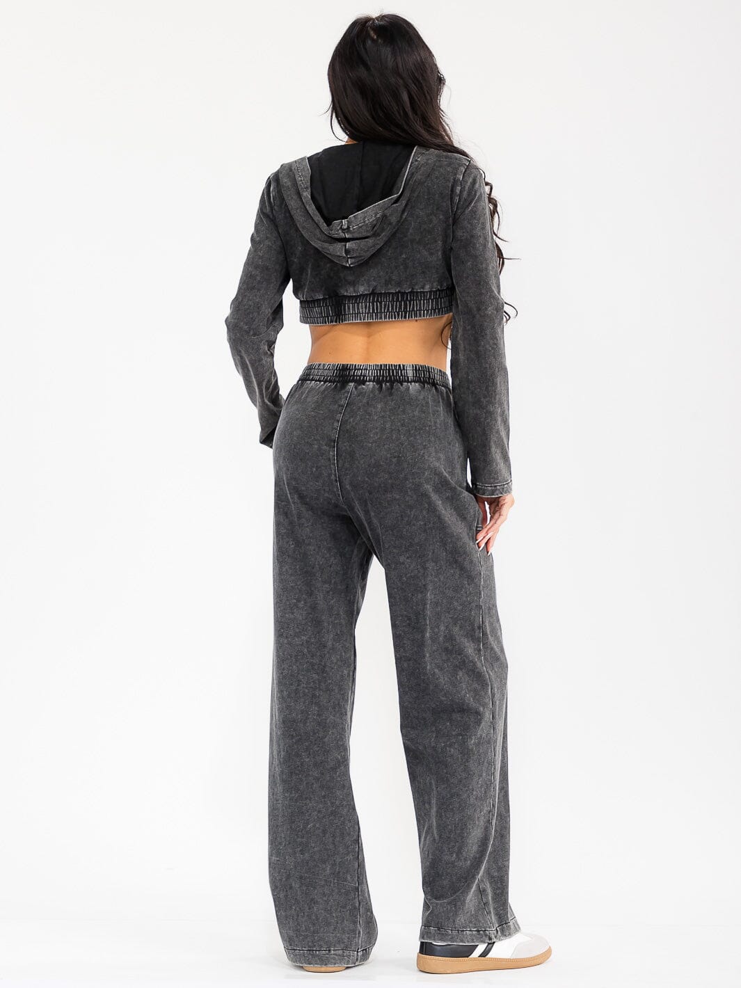 WOMEN'S HOODED CROP SWEATER & ELASTIC WAIST PANTS WASHED 2PC. SET