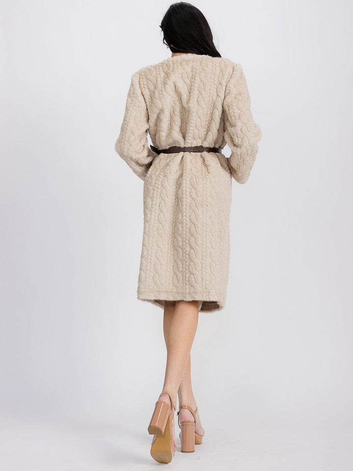 WOMEN'S LONG SLEEVE BUTTON CLOSURE BELTED CAVLE KNIT FUZZY MIDI DRESS
