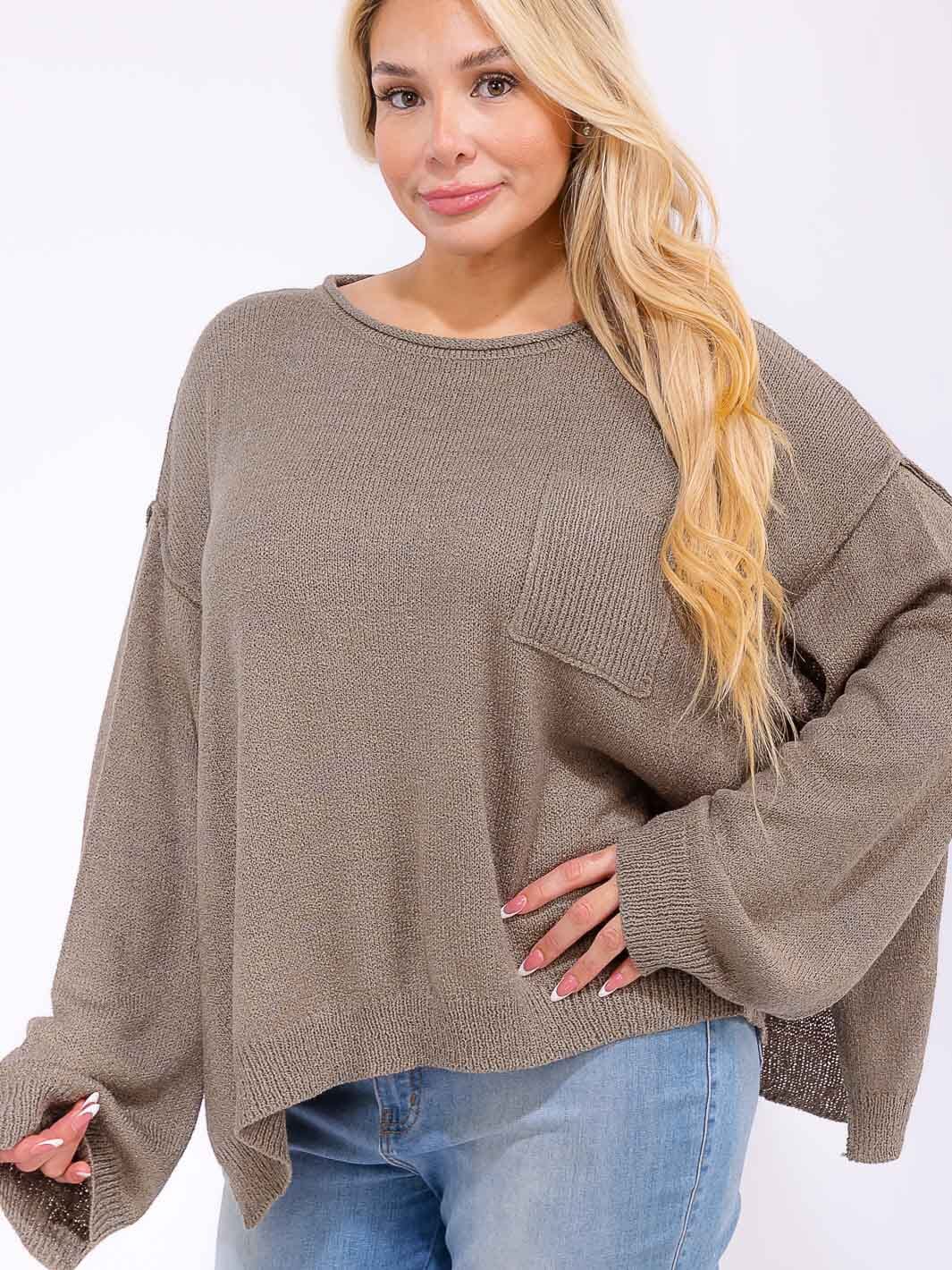 PLUS SIZE LONG SLEEVE FRONT POCKET KNIT PULLOVER SWEATER