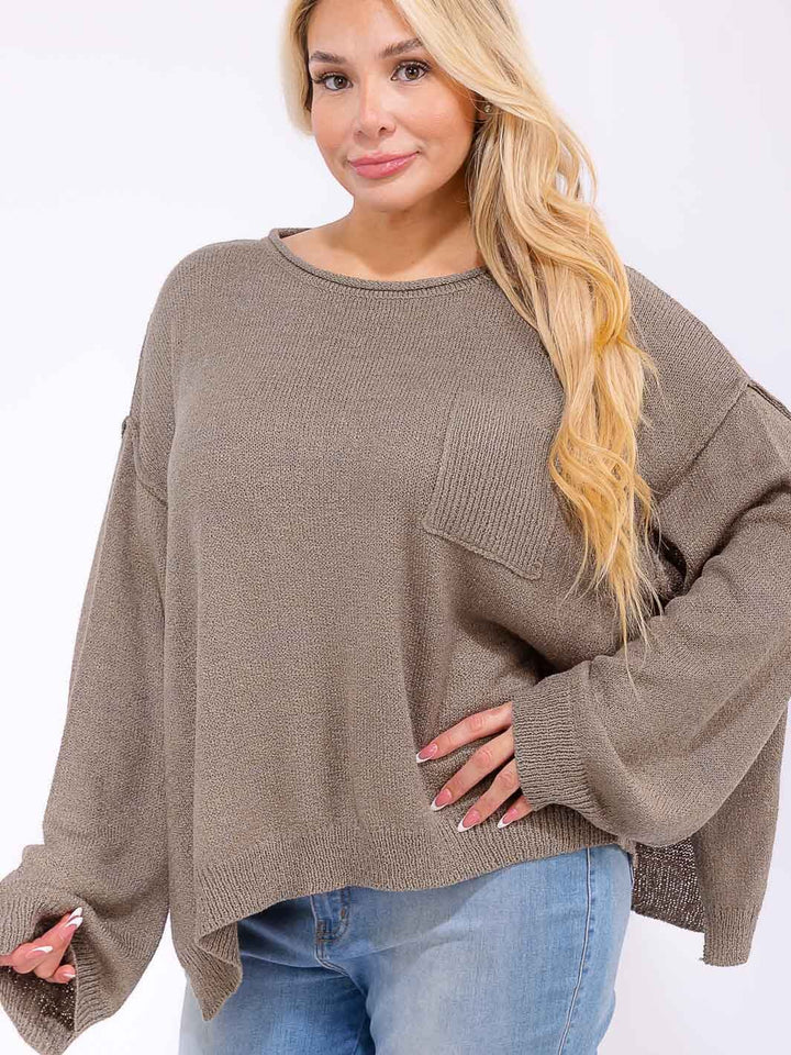 PLUS SIZE LONG SLEEVE FRONT POCKET KNIT PULLOVER SWEATER
