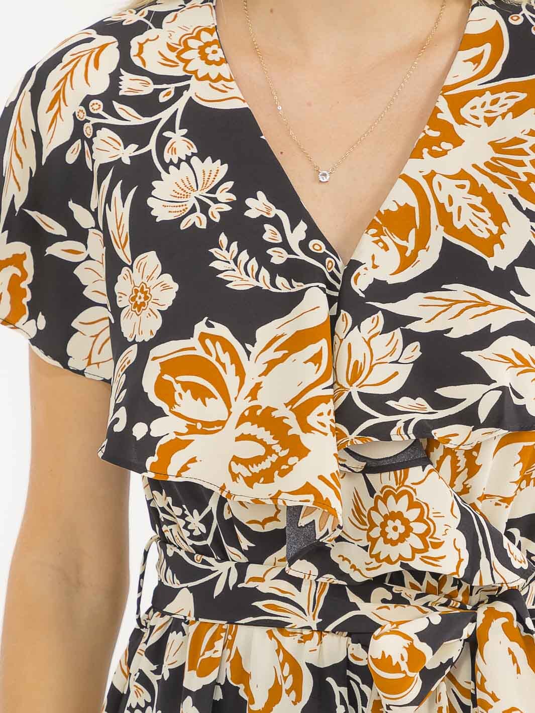 WOMEN'S SHORT SLEEVES SURPLICE ELASTIC WAIST WIDE LEG FLORAL JUMPSUIT